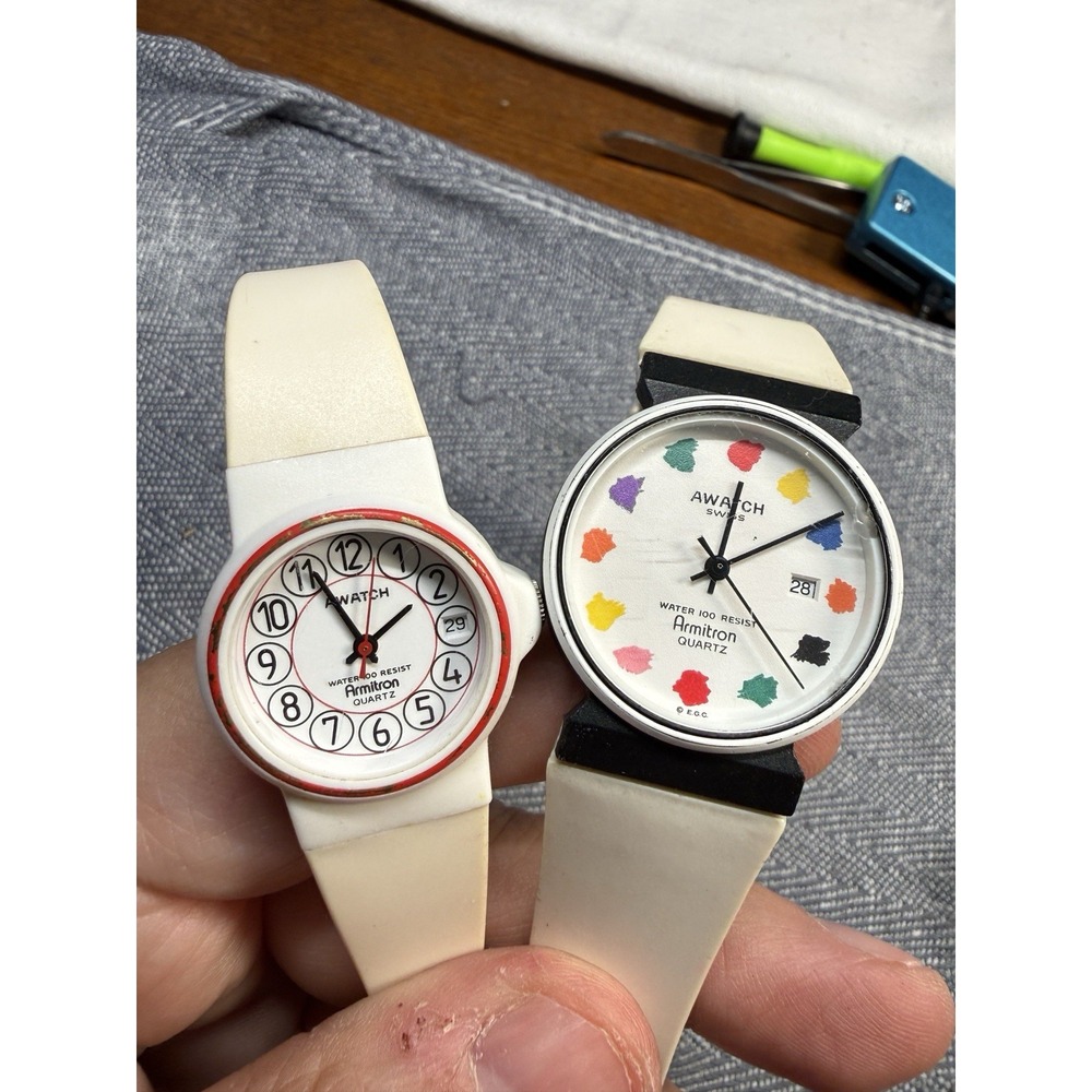2x Lot Vintage Armitron AWATCH Quartz Water Resistant Date Colorful Working